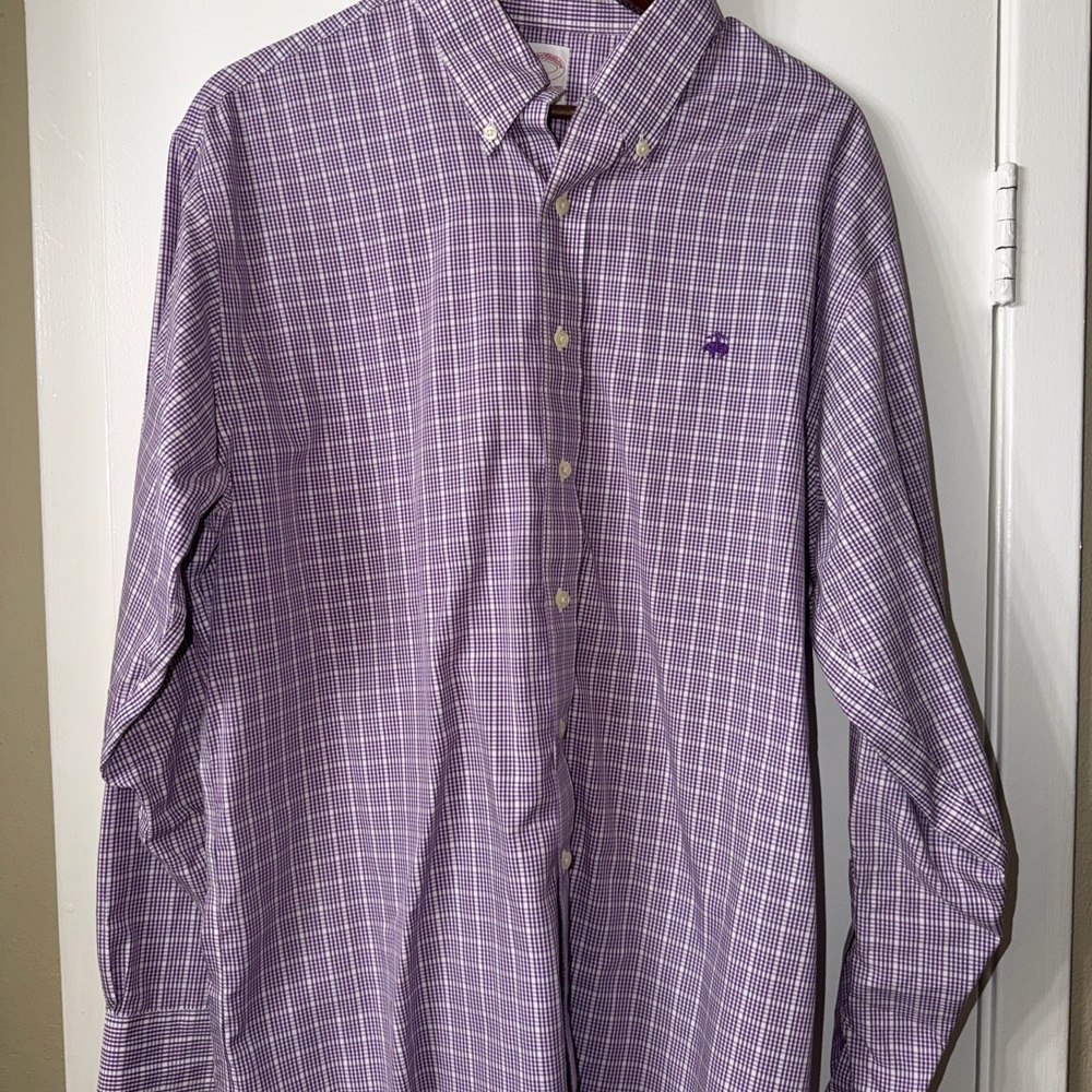 Brooks Brothers 346 Purple Check Button Down Shirt Large Non-Iron Cotton